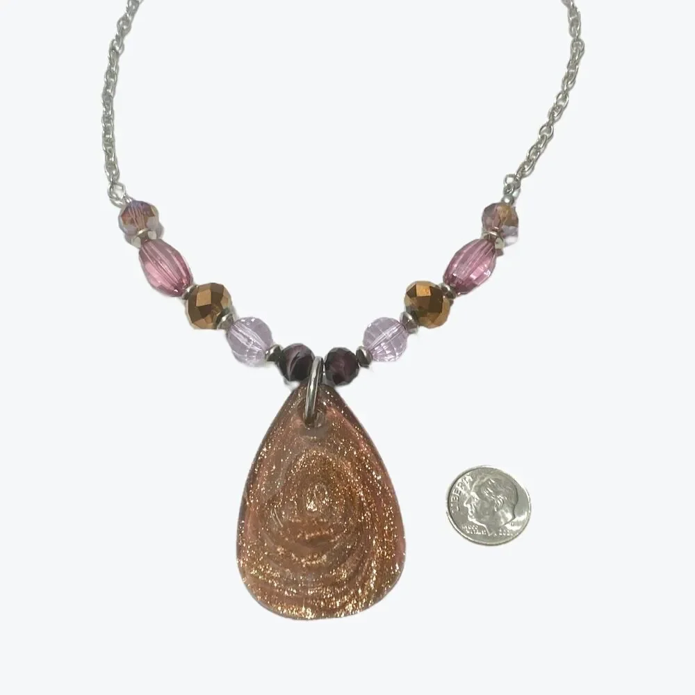 Art Glass Pendant Necklace Copper Aventurine Glitter Teardrop Crystal Beads
